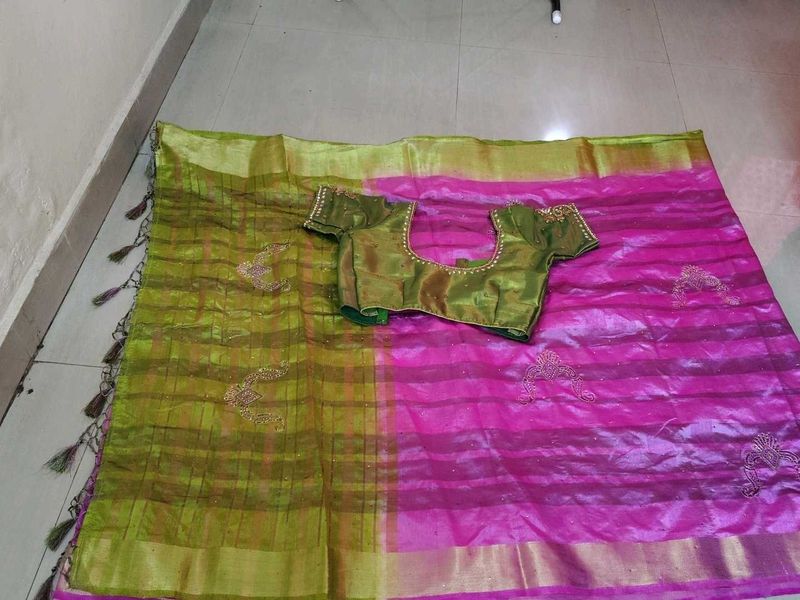 Pink Saree With Work Blouse