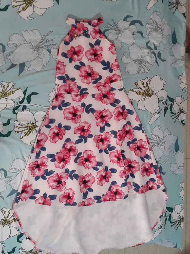 Pink Halter Neck Floral Tail Dress