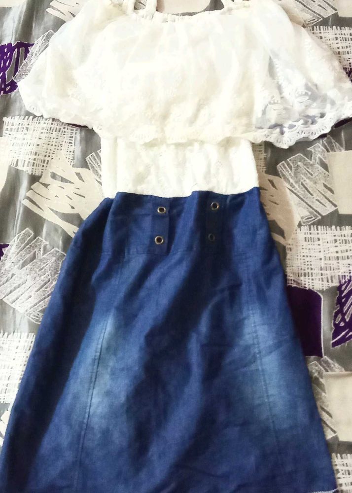 White Lace Top with Denim Skirt