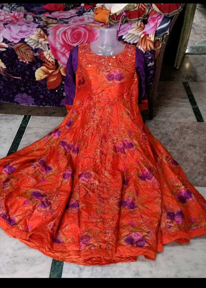 Orange Floral Anarkali Kurta