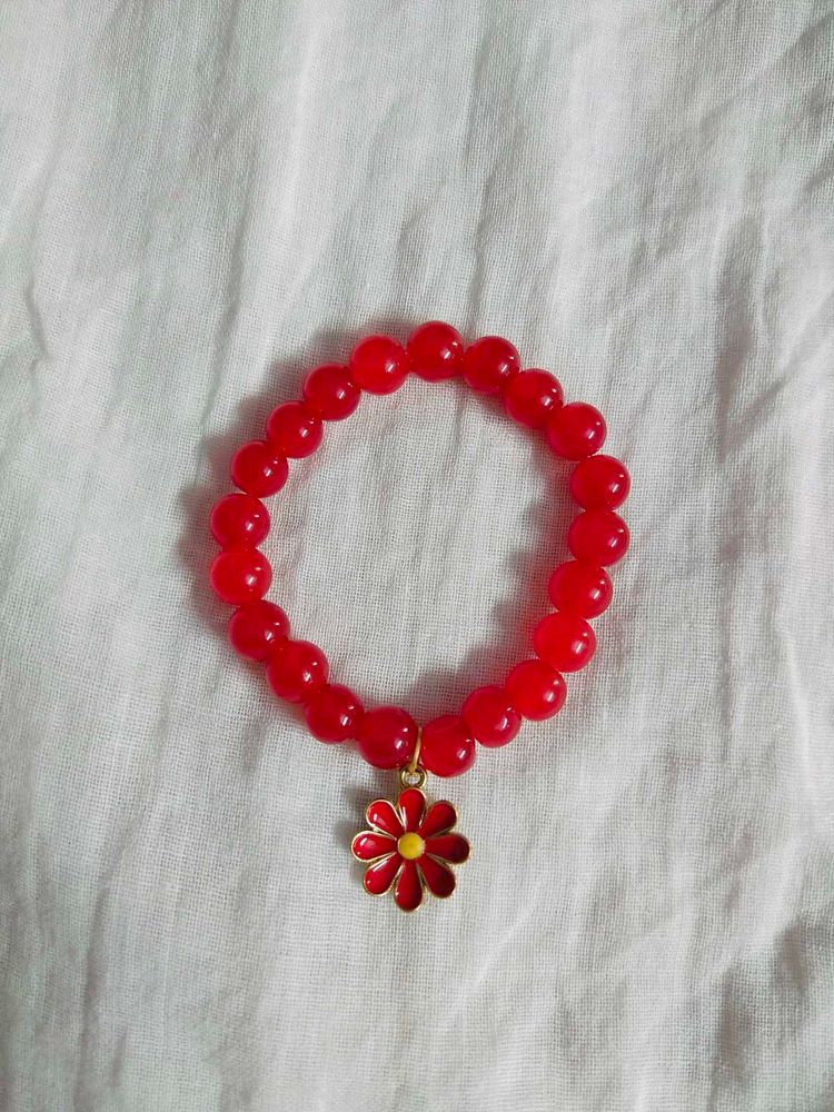 Red Beaded Bracelet with Flower Charm