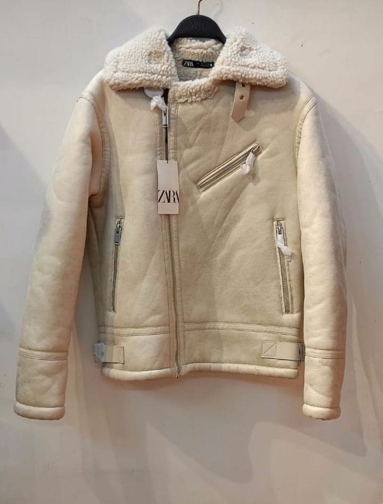 Zara Man&#39;s White Faux Shearling Jacket