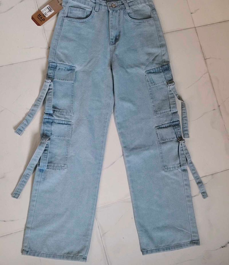 8 pocket Trendy Light Wash Cargo Jeans