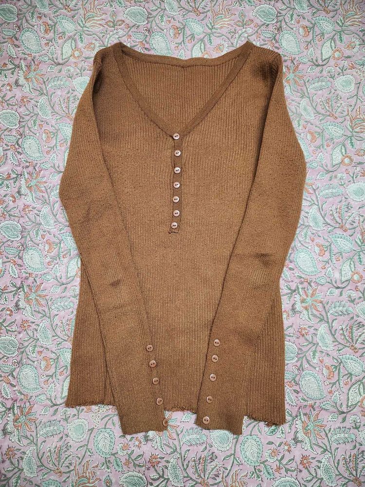 Brown Knit Button Sweater