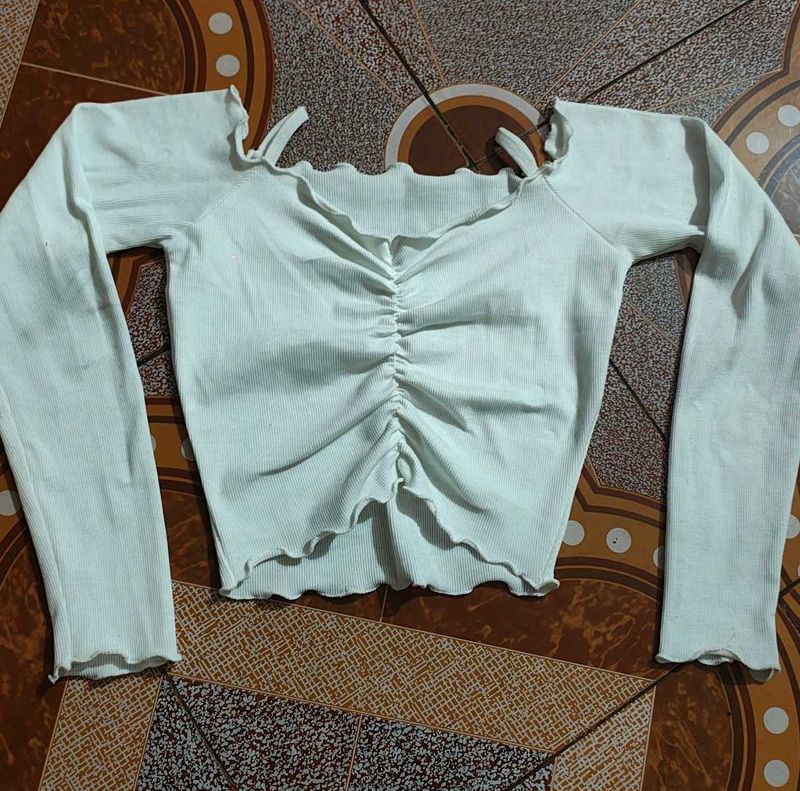Brand New White Crop Top Stylish Shoulder Design