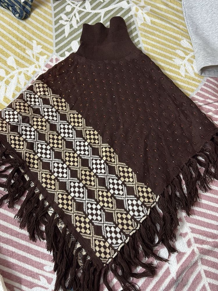 Brown Knit Fringe Poncho