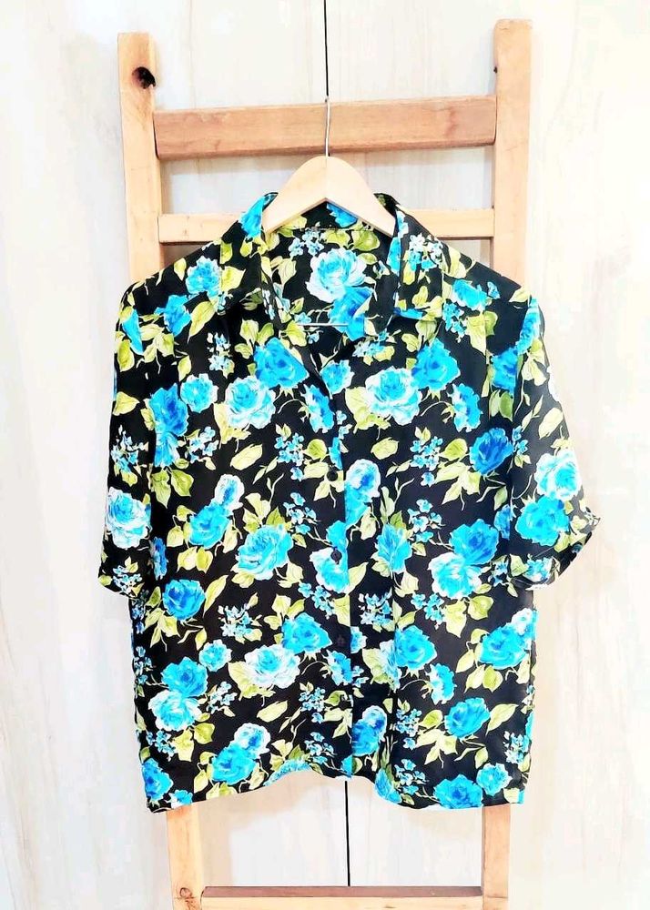 Blue Floral Print Shirt Size-42