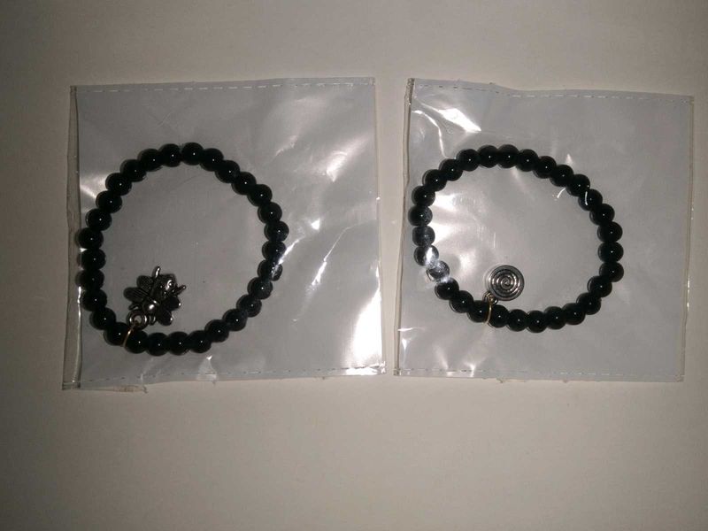 Black Beaded Charm Bracelets - Set of 2