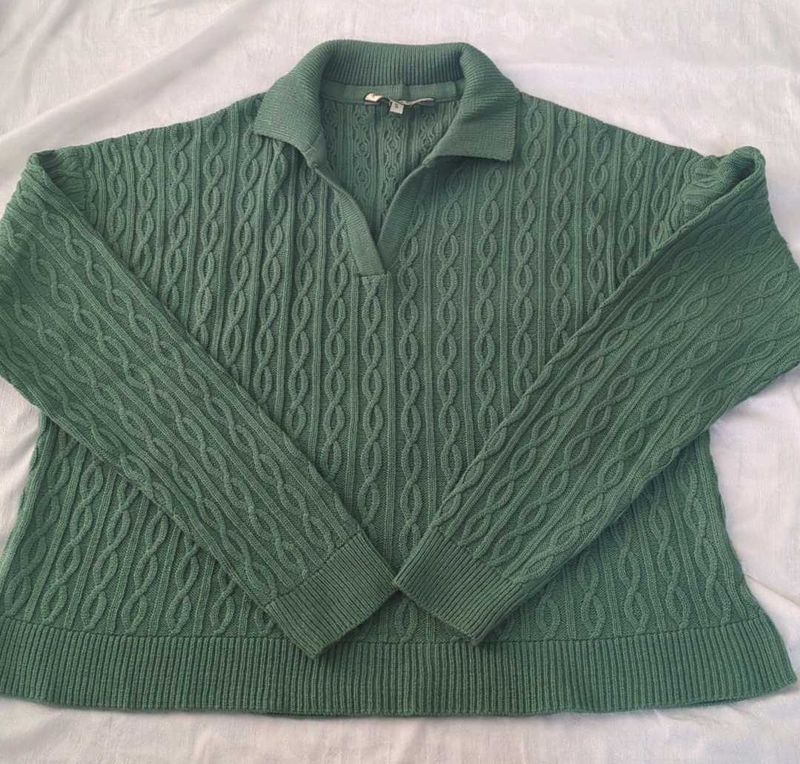 Green Cable Knit Polo Sweater