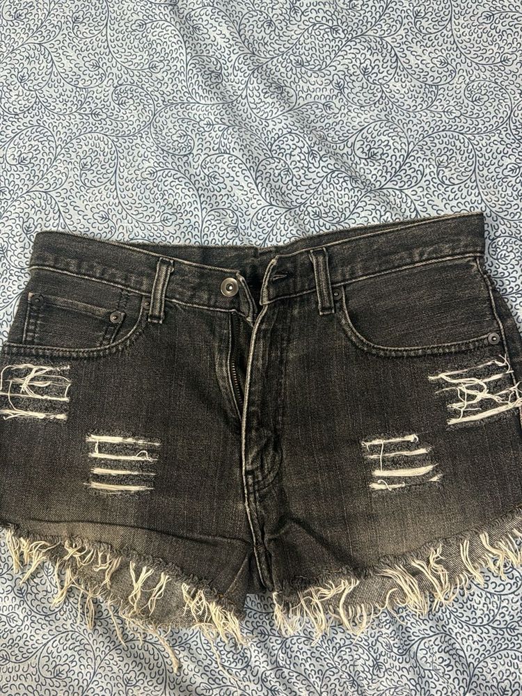 Distressed Black Denim Shorts