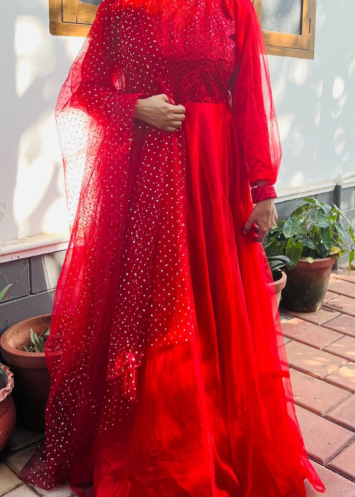 red colour flared dress with shall