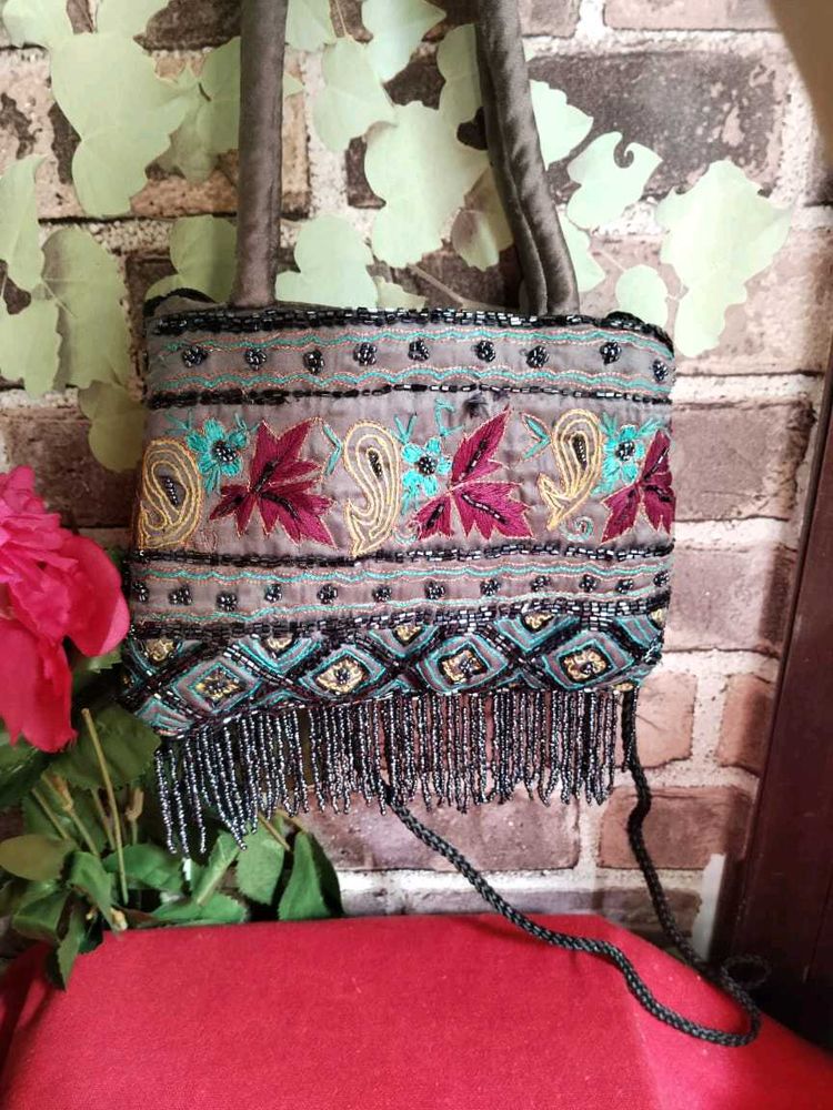 Embroidered Handbag with Moti Tassels