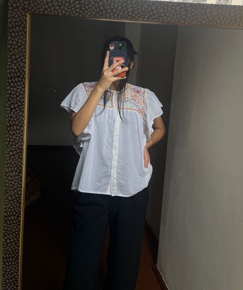 Embroidered Cotton Linen Flutter sleeve Tops