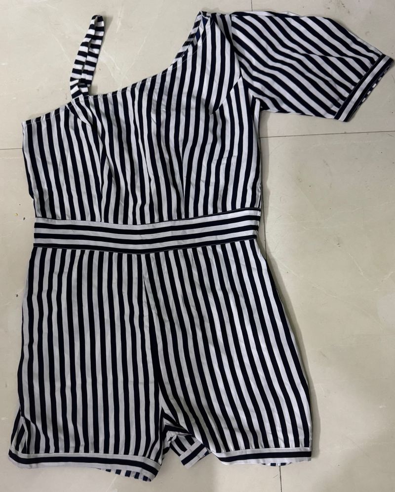 Striped One-Shoulder Romper