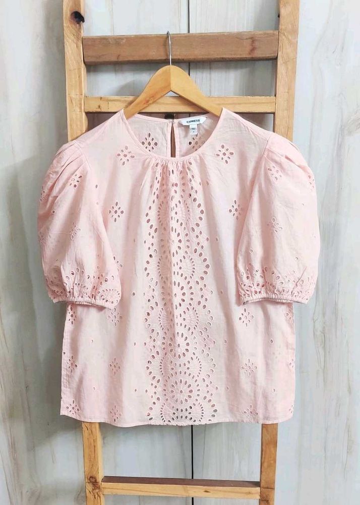 Express Eyelet Puff Sleeve Top Size-38