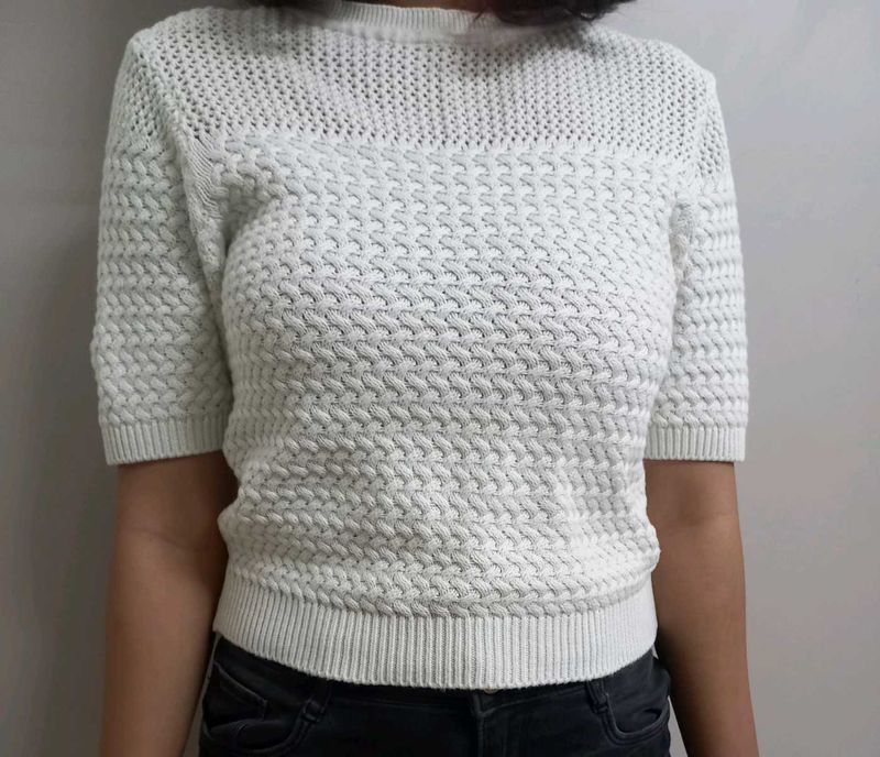 Women Off White Round Neck Half Sleeve Crochet Top