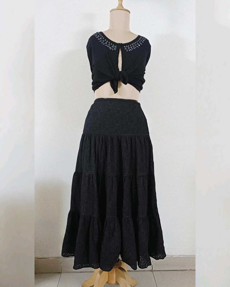 Black Schiffli Tiered Flared Skirt