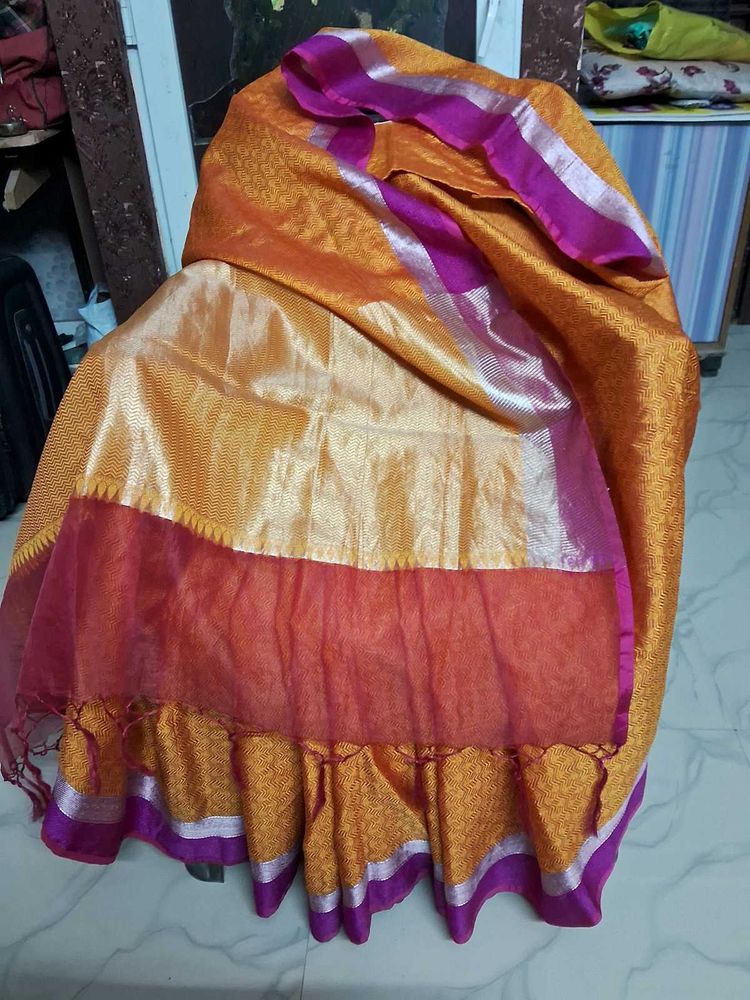 Gently Used Orange And Pink Silk Saree With Blouse