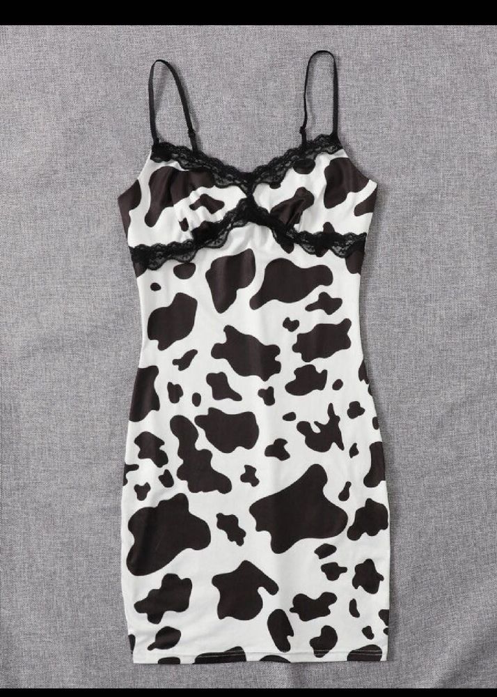 Shein Cow Pattern Lace Trim CamiBodycon