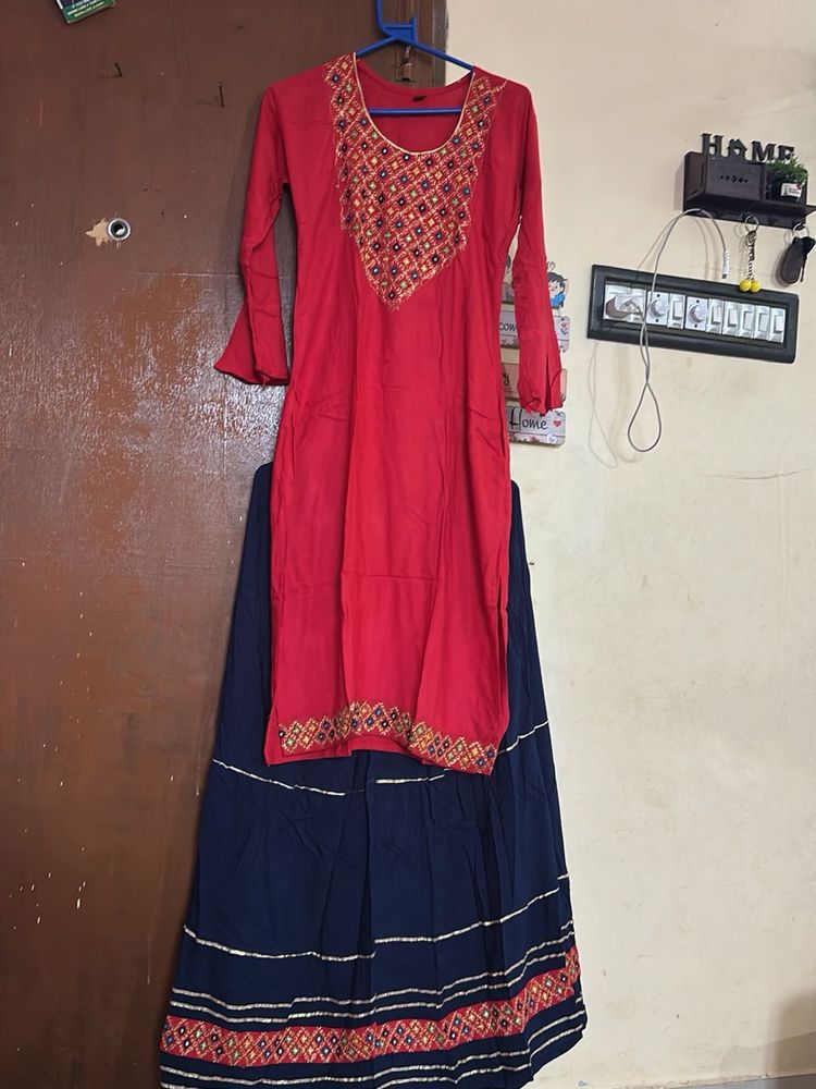 Red &amp; Blue Embroidered Kurti with Skirt