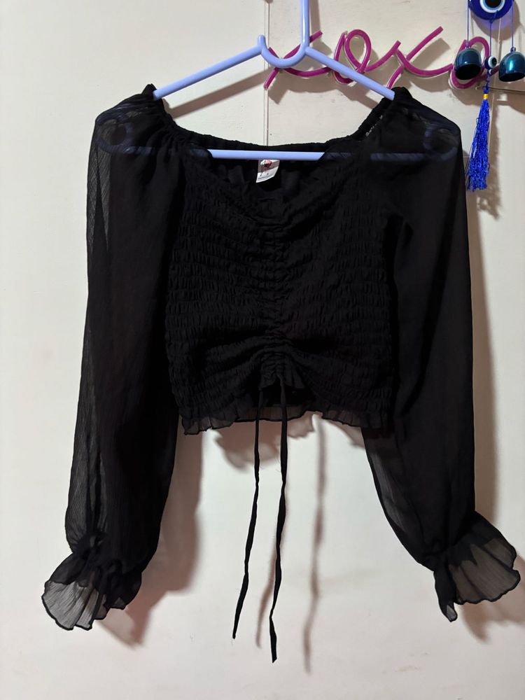 Black Sheer Sleeve Crop Top