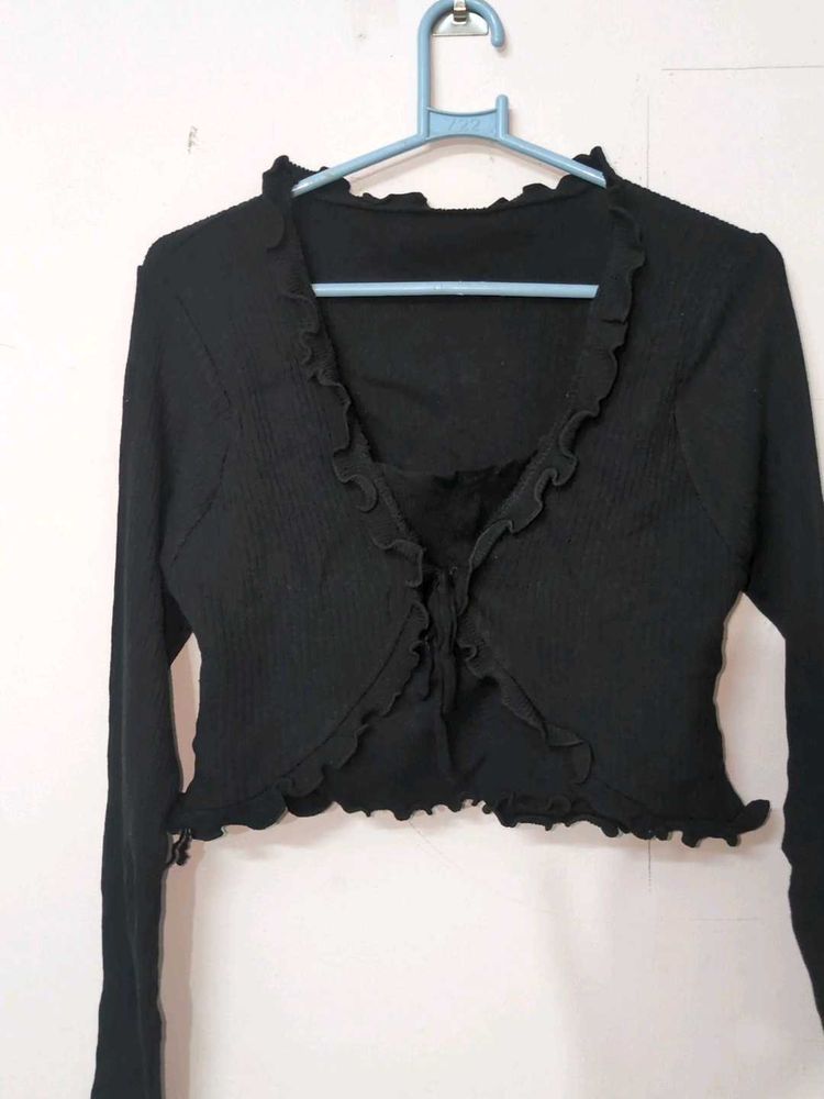 Black Ruffle Trim Crop Top