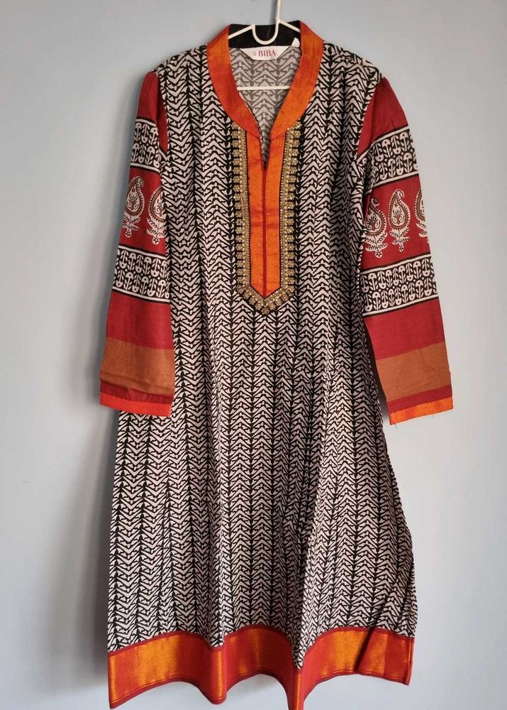 BIBA A-line Chanderi Kurta Kameez With Embr 38inch