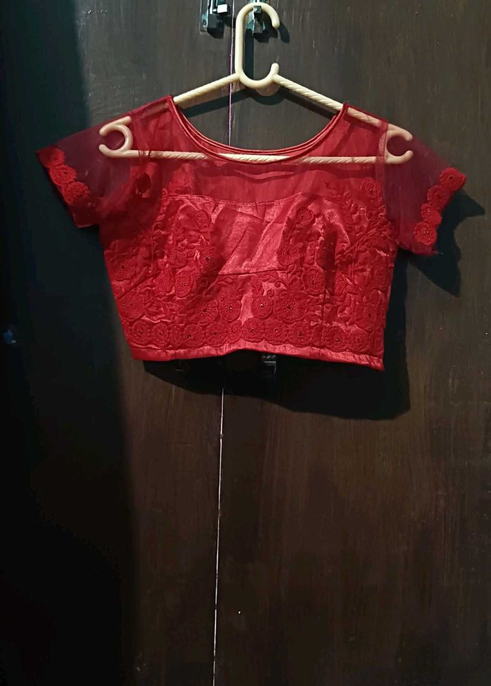 Red Embroidered Sheer Blouse