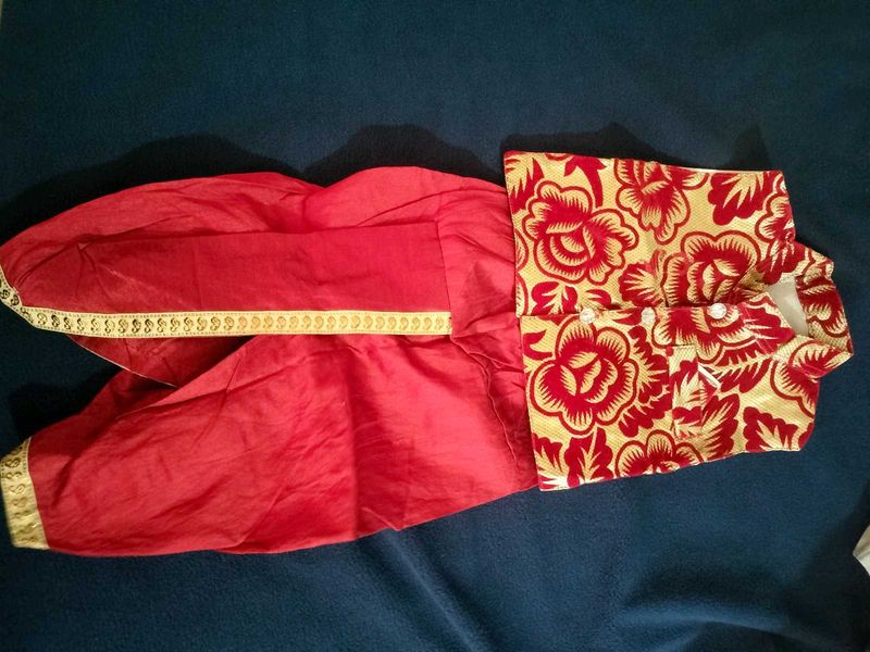 Boys Festive Red Jacket And Dhoti