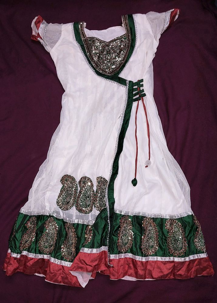 Girls White Multicolour Partywear Dress