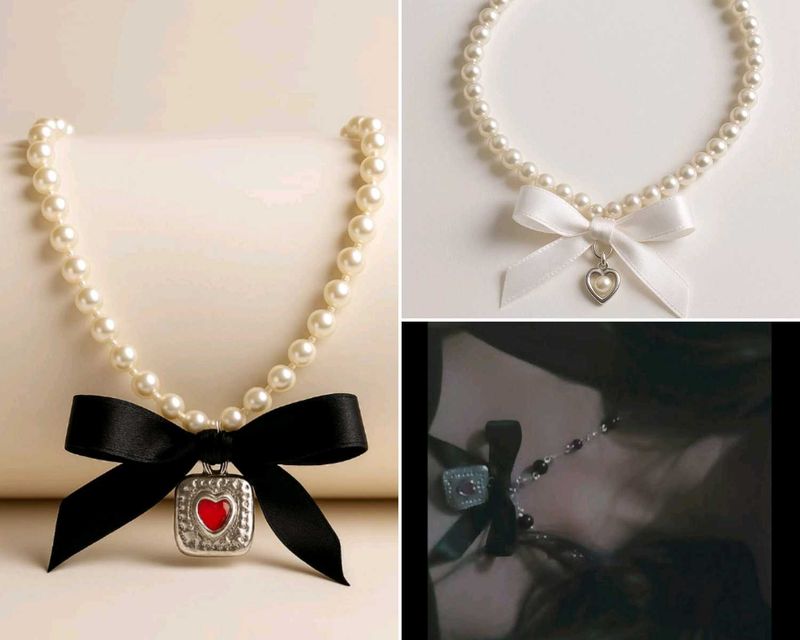 🌬Pearl &amp; Ribbon Bow Necklace💗