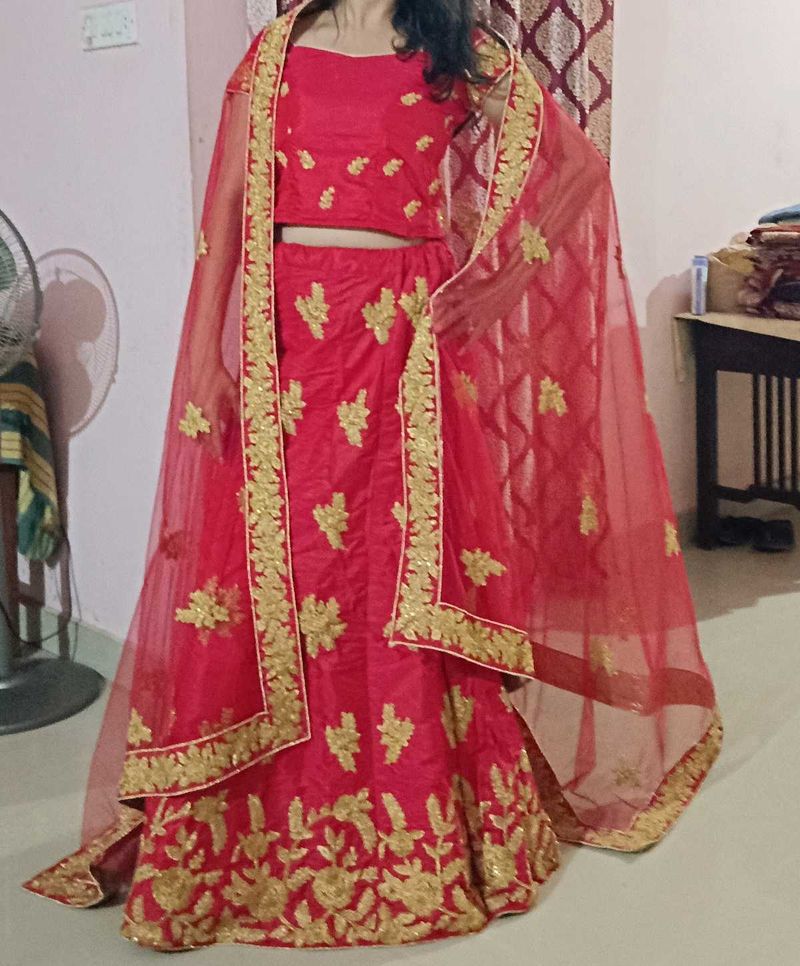 Red &amp; Gold Lehenga Choli Set + Freebie