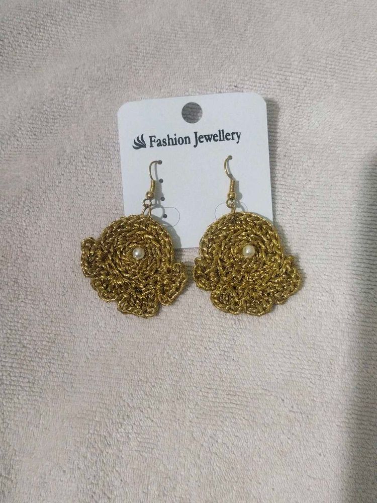 Gold Crochet Pearl Drop Earrings