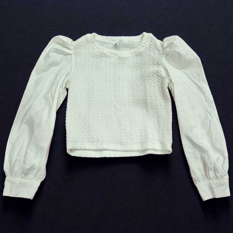 Trendy White Textured Puff Sleeve Top