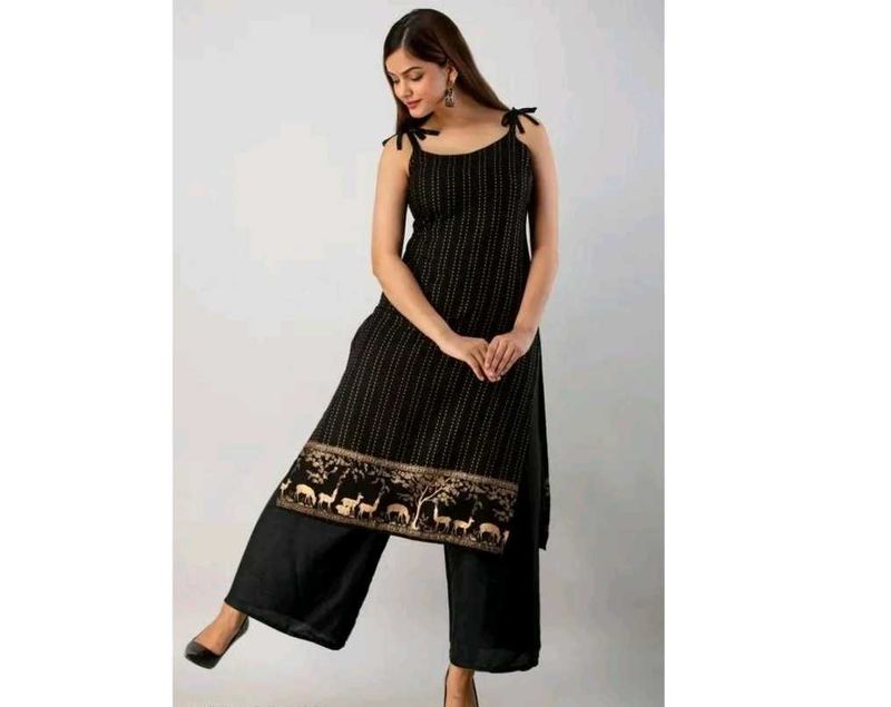 Black Striped Kurti Set with Animal Print