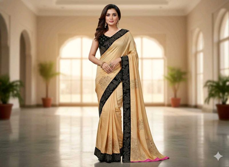 Elegant Beige &amp; Black Saree
