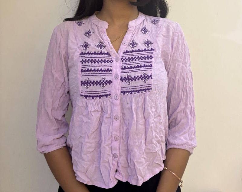 Lilac Embroidered Button-Down Top