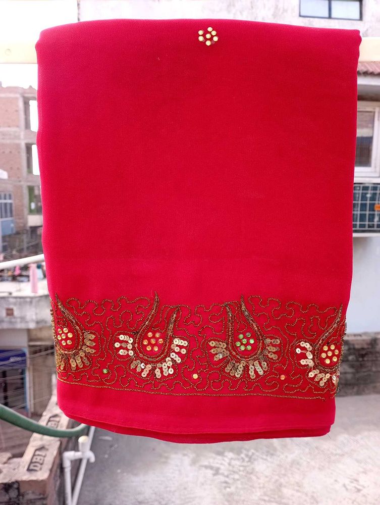 Red Georgette Saree With Hand Done Embroidery