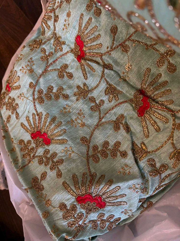 Seagreen Embroidered Silk Fabric