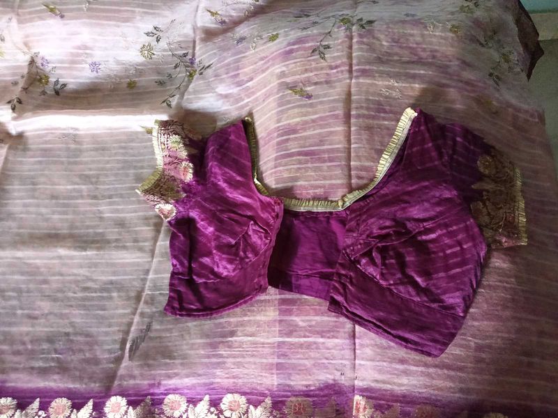 Used CreamColor With PurpleBorder TussarSilk Saree