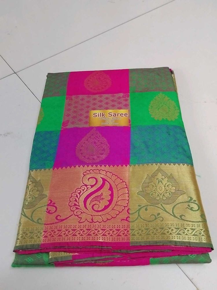 Rose With Green Emboss Silk Saree .