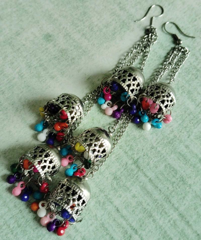 Long Silver Jhumka Earrings.