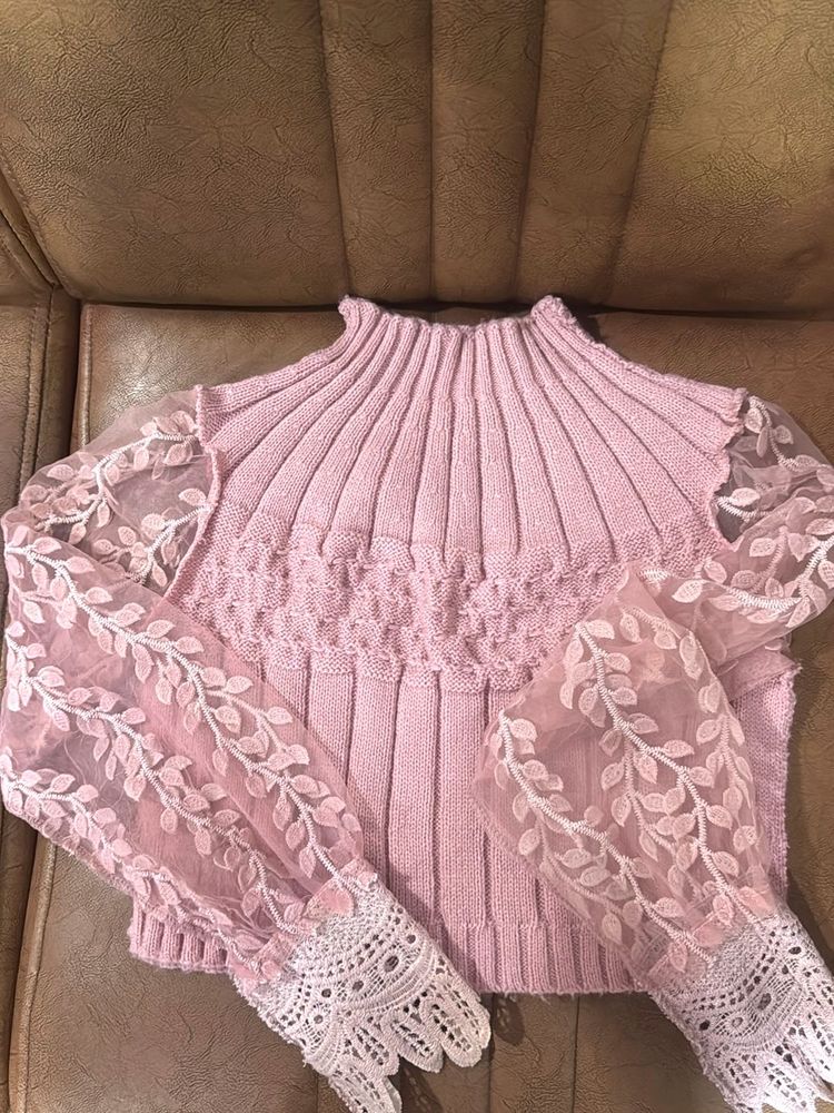 Pink Knit Sweater Lace Sleeves