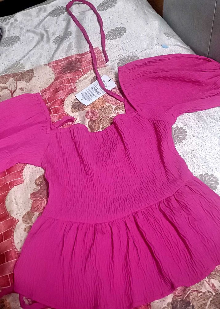 Pink Peplum Top with Puff Sleeves