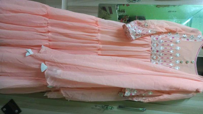 Peach Embroidered Dress Pakistani Gown With Dupatt
