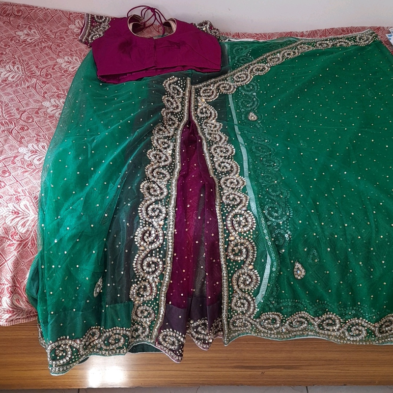 Karva Chauth/ Partywear Green Readymade saari