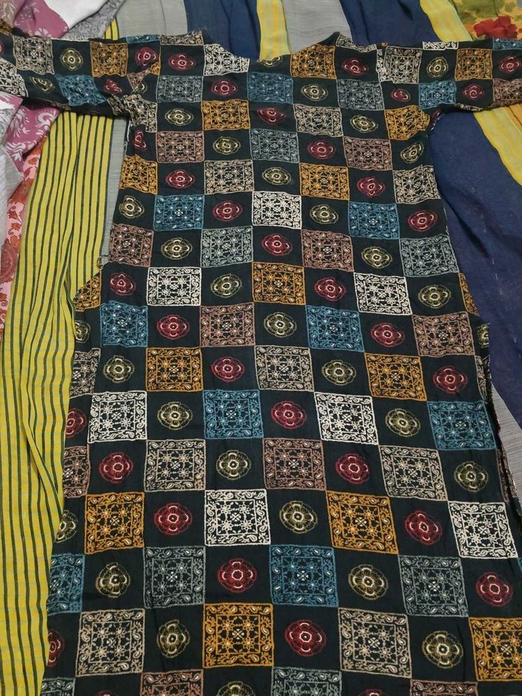 black with multi colour design straight kurti for