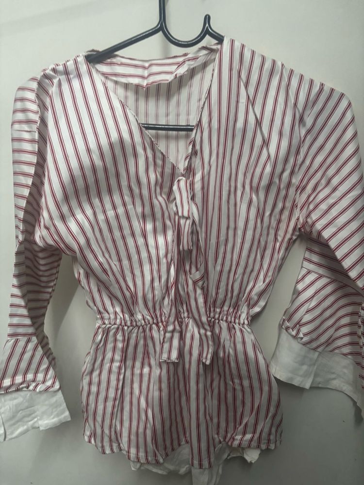 Red &amp; White Striped Peplum Tie-Front Blouse