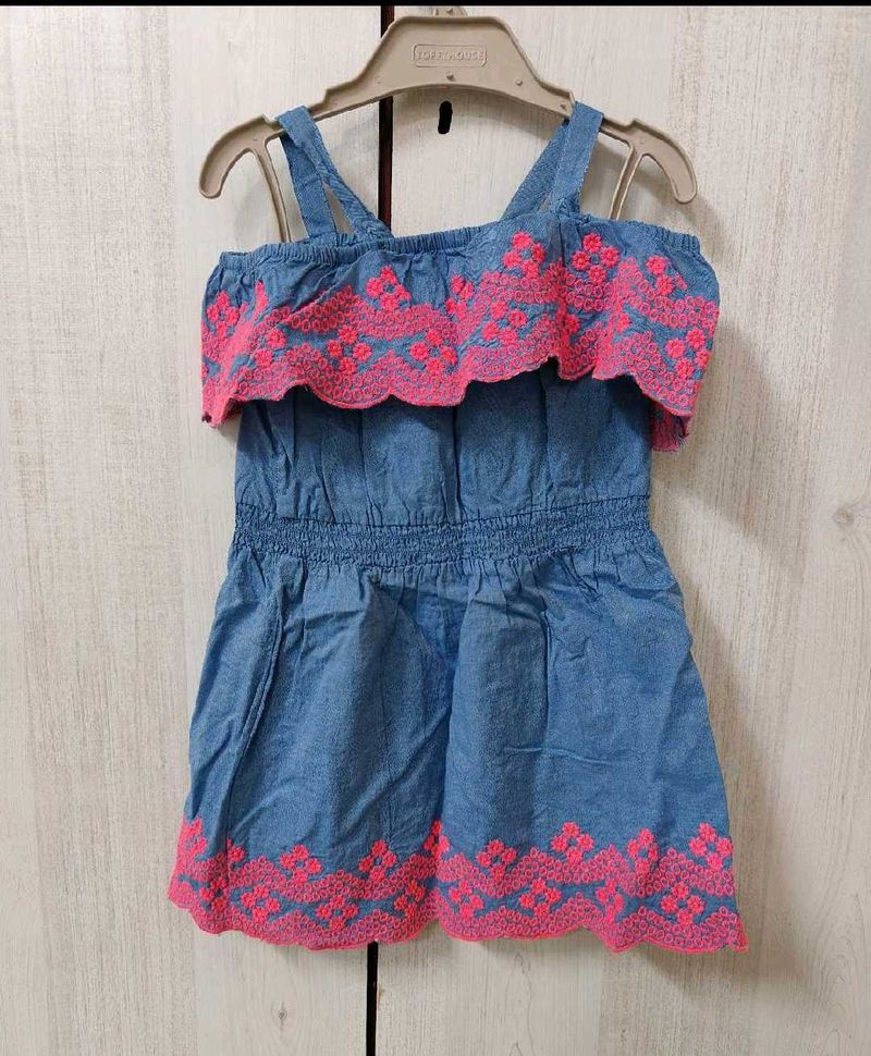 Cute Denim Dress with Pink Embroidery