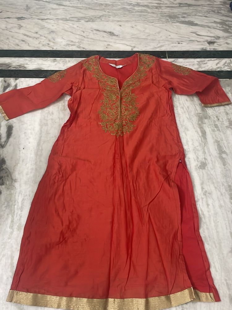 Orange &amp; Gold Embroidered Kurti